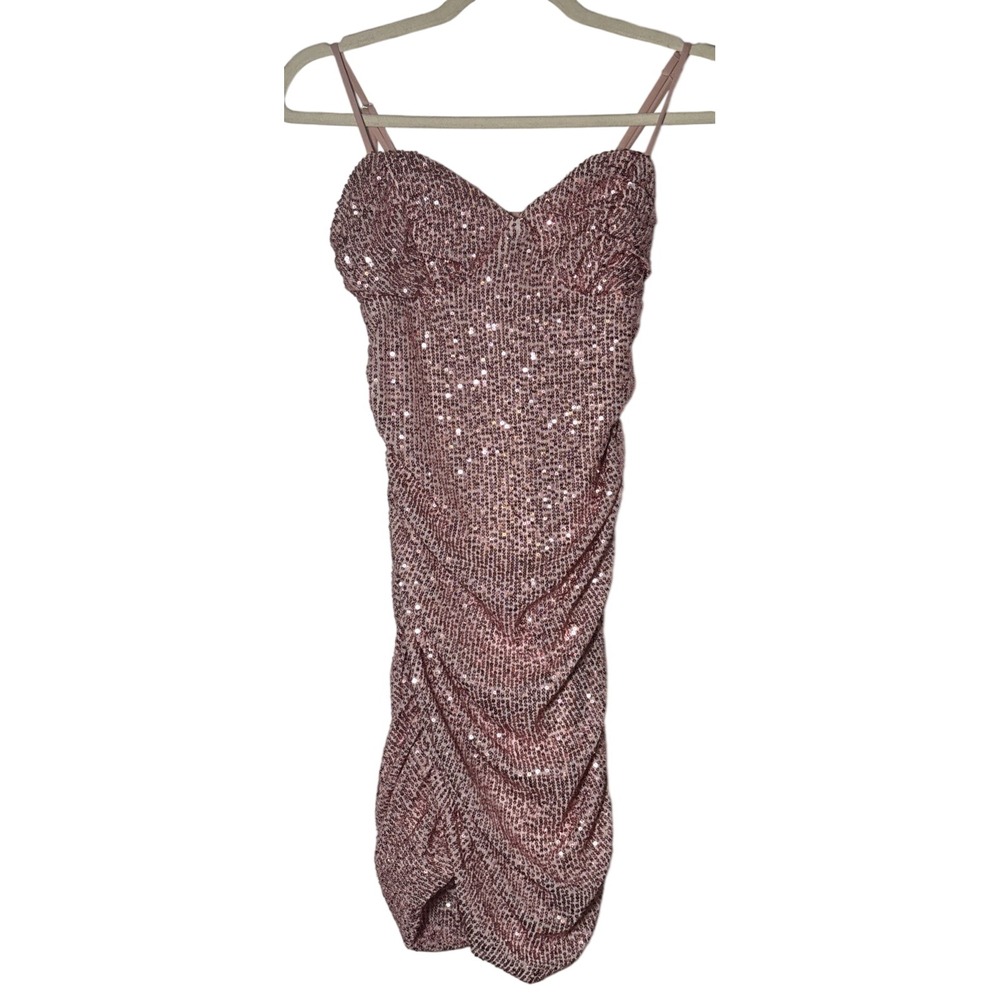 Hello Molly Sequin Mini Dress Women's Rose Gold Excellent Ruched Bodycon Size 6